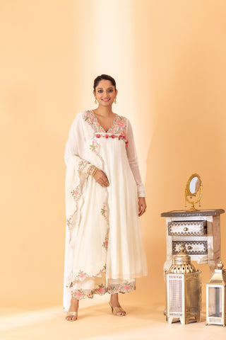 A off white hand embroidered anarkali set with pants and duptta