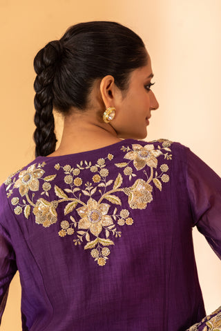 A purple hand embroidered anarkali set with pants