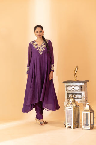 A purple hand embroidered anarkali set with pants