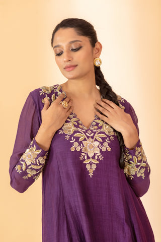 A purple hand embroidered anarkali set with pants