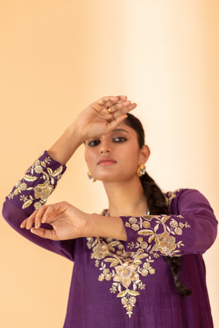 A purple hand embroidered anarkali set with pants