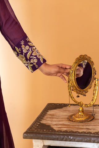 A purple hand embroidered anarkali set with pants