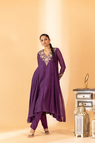 A purple hand embroidered anarkali set with pants