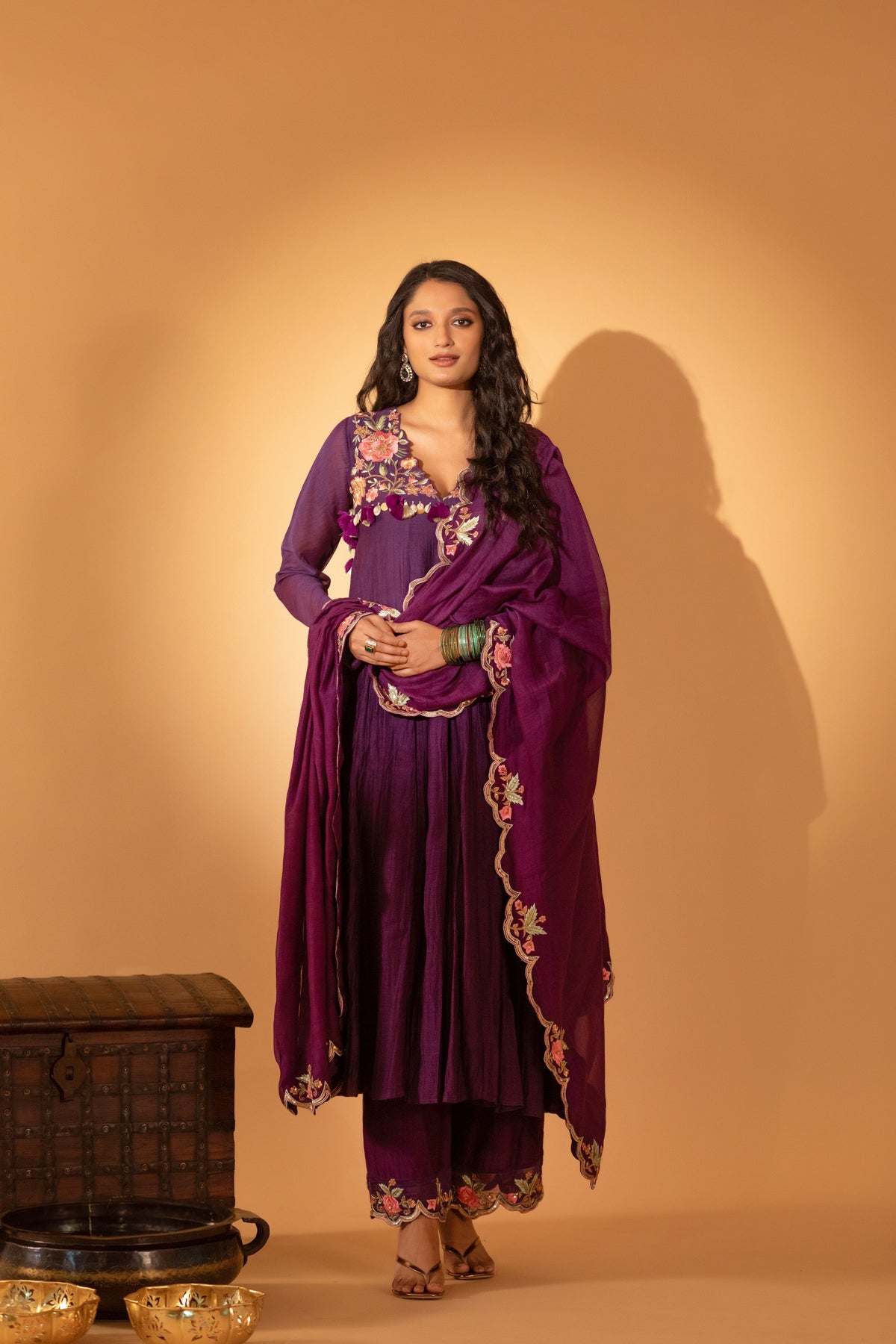 A Purple hand embroidered anarkali set with pants and duptta