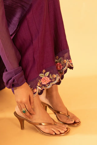 A Purple hand embroidered anarkali set with pants and duptta