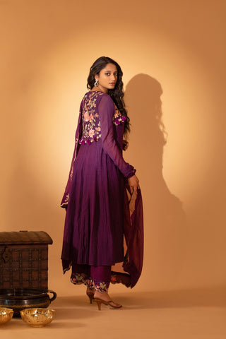 A Purple hand embroidered anarkali set with pants and duptta