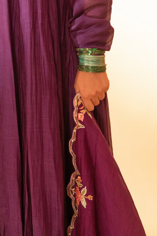 A Purple hand embroidered anarkali set with pants and duptta