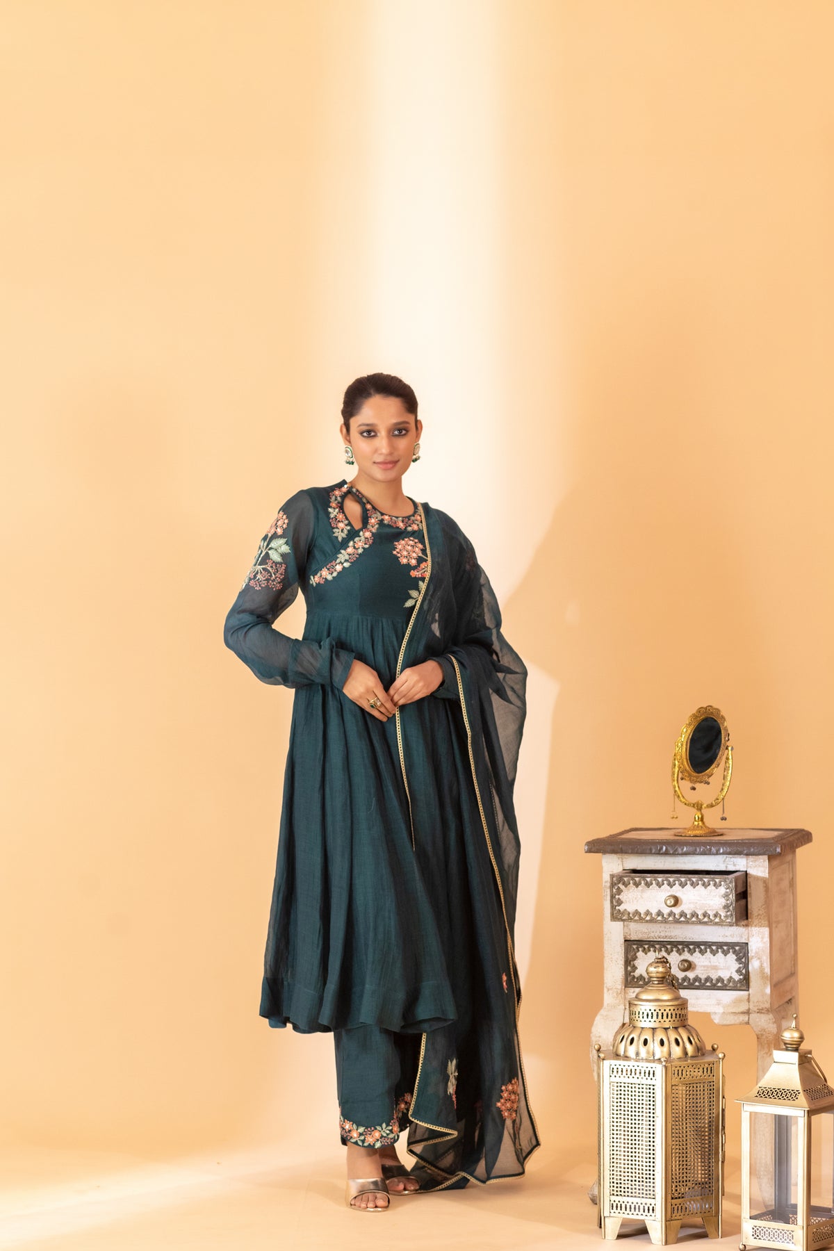 A teal green hand embroidered anarkali set with pants and duptta