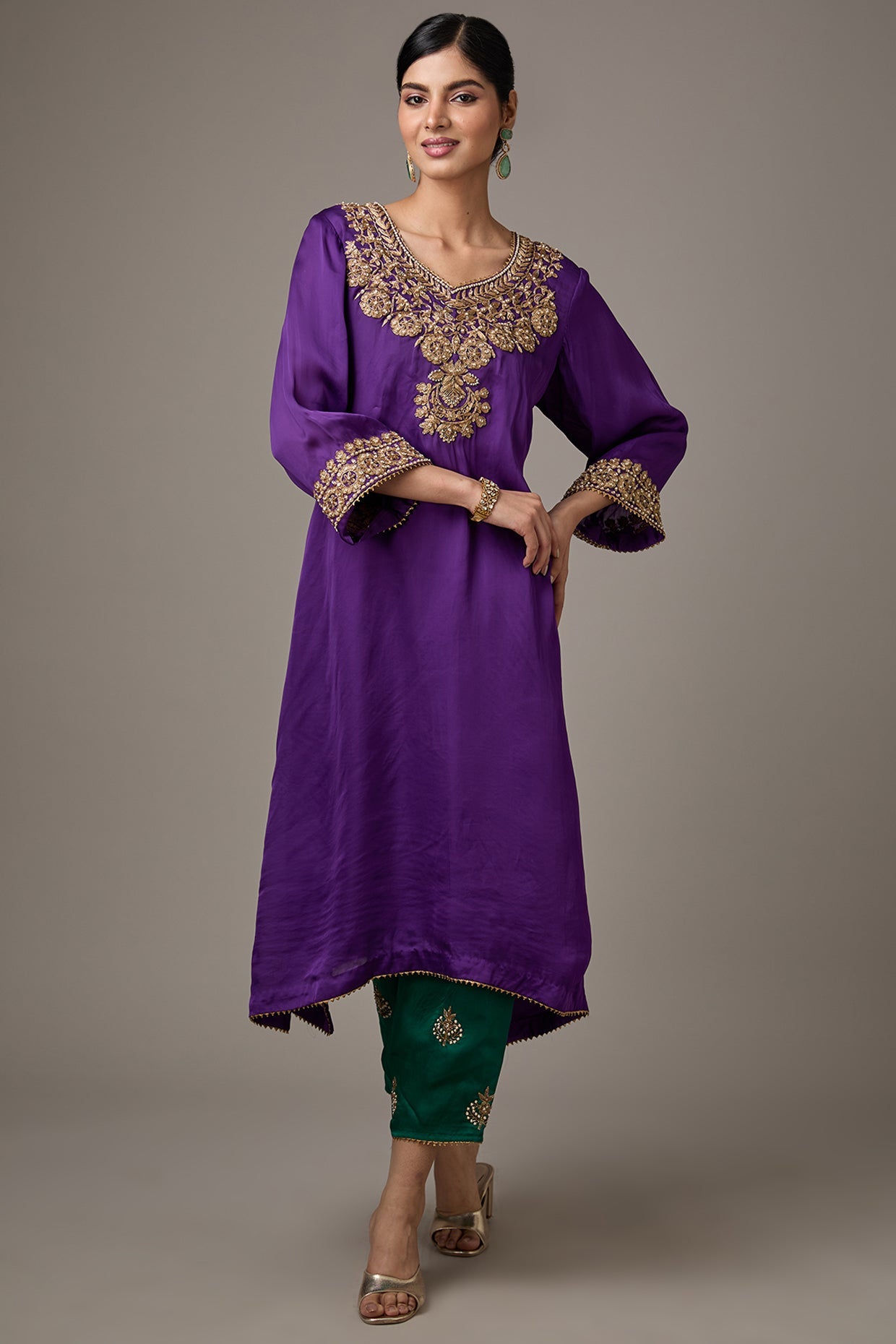 Purple Satin Organza Dori Machine Embroidered A-Line Flared Kurta Set