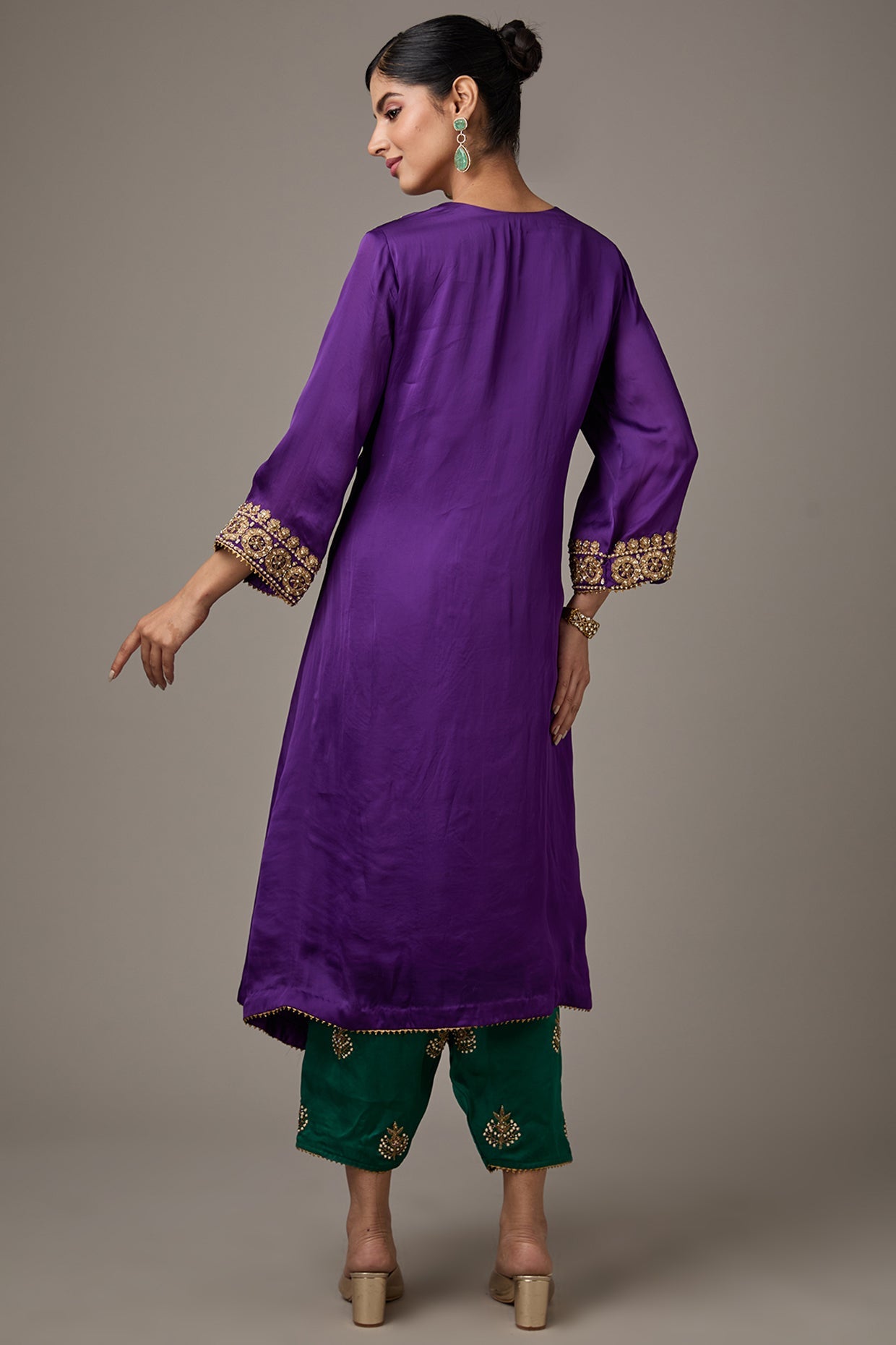 Purple Satin Organza Dori Machine Embroidered A-Line Flared Kurta Set