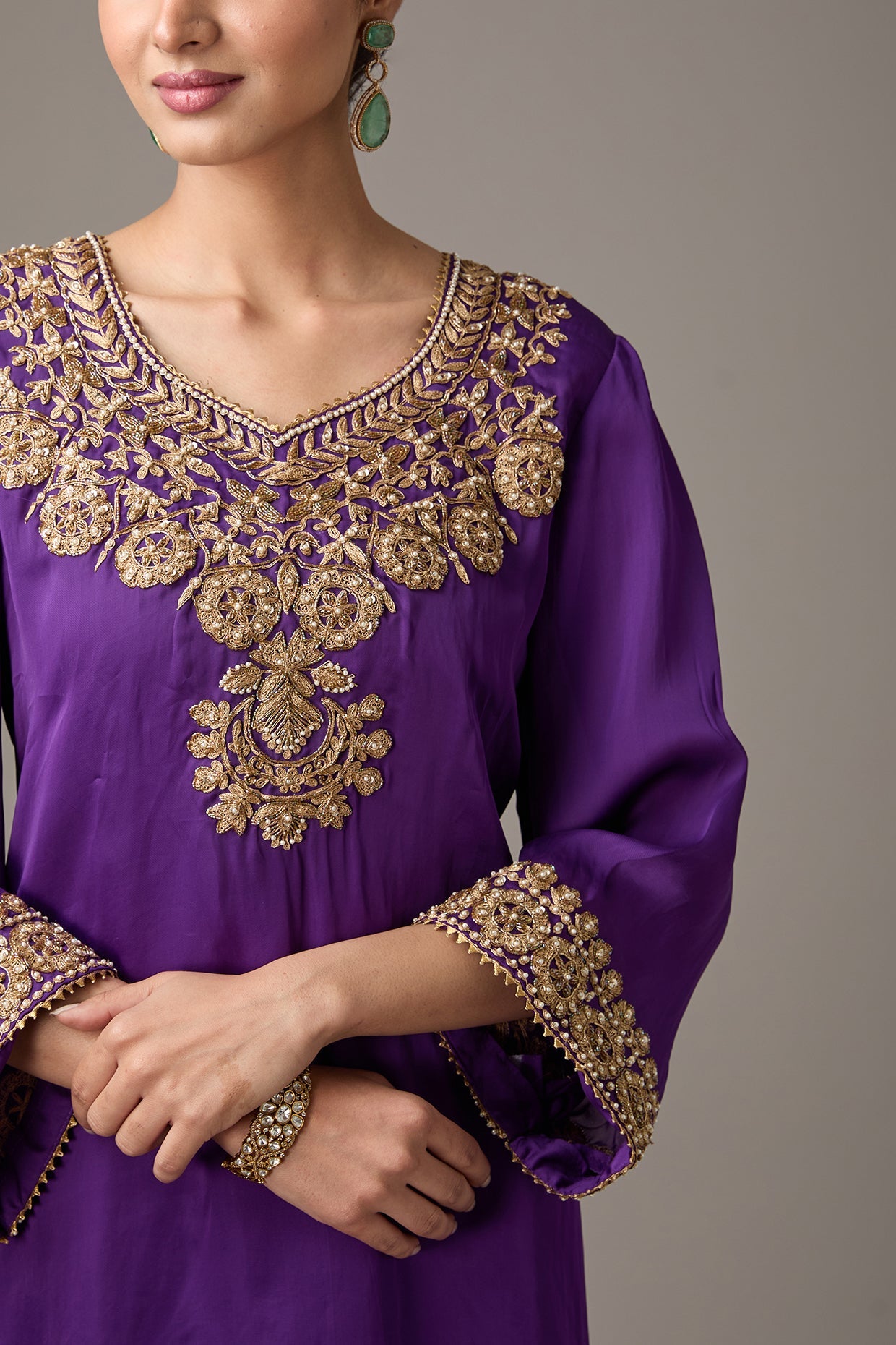 Purple Satin Organza Dori Machine Embroidered A-Line Flared Kurta Set