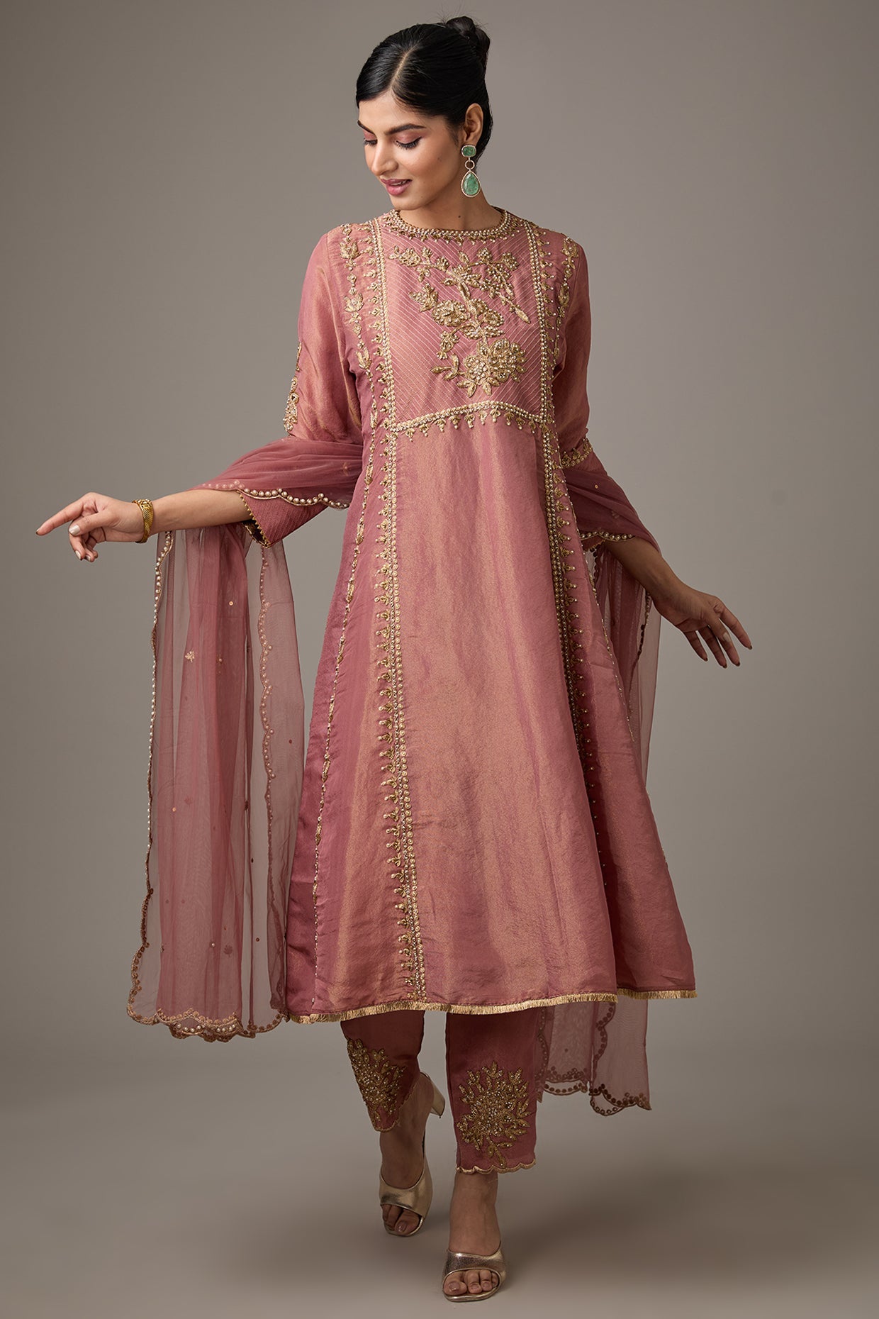 Pink Tissue Dori Hand Embroidered Kurta Set