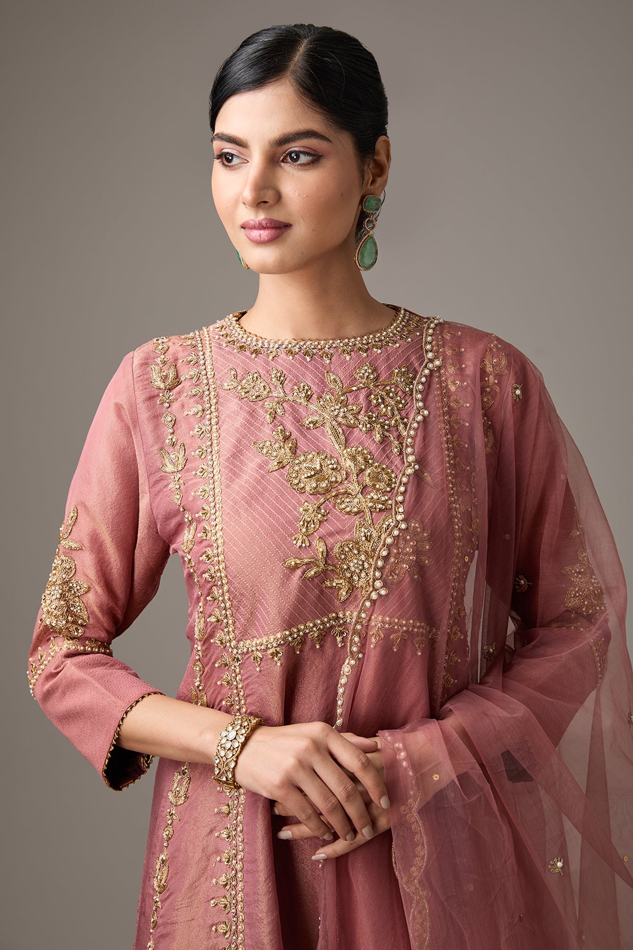 Pink Tissue Dori Hand Embroidered Kurta Set