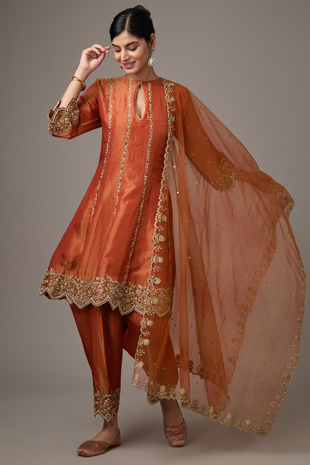 Orange Tissue Dori Hand Embroidered Kurta Set