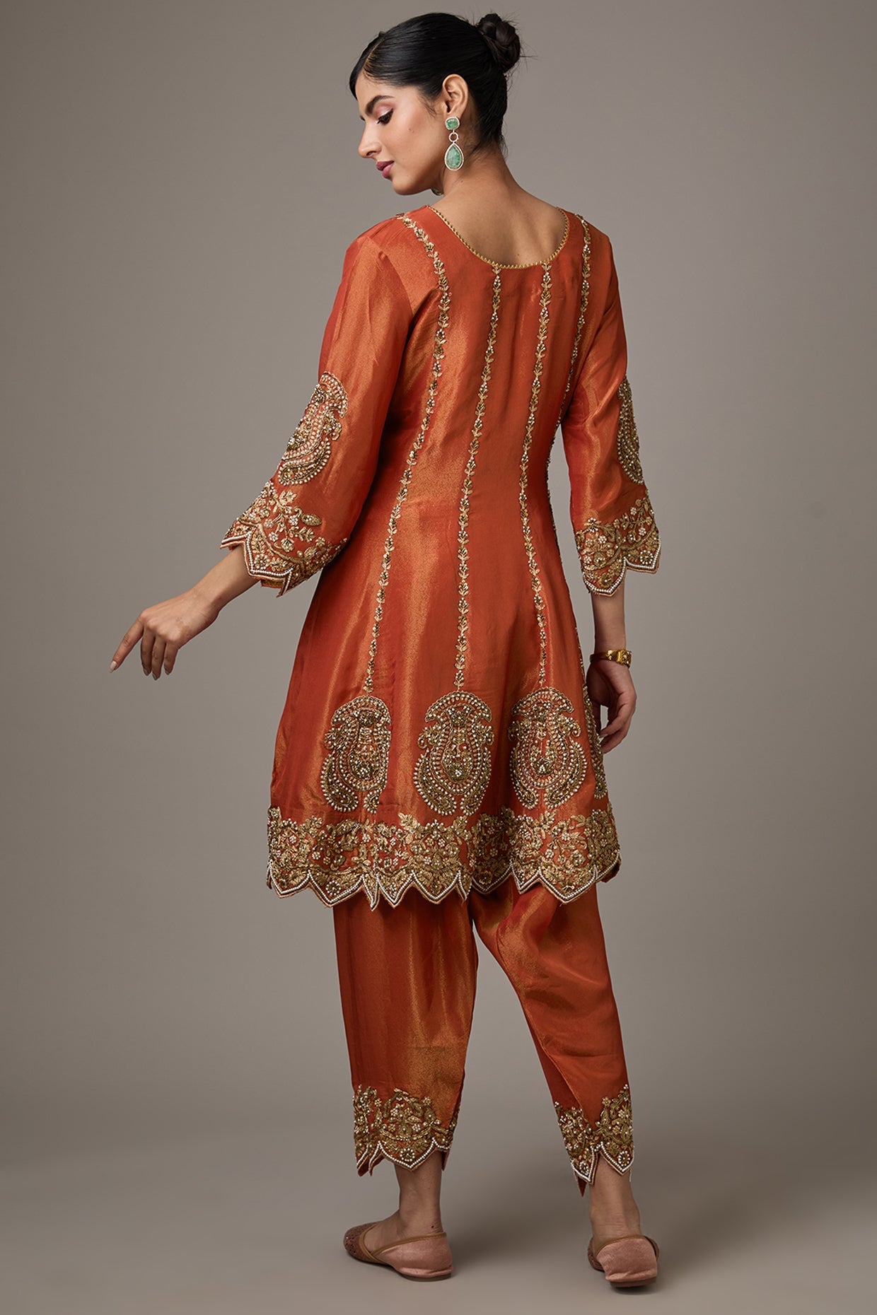 Orange Tissue Dori Hand Embroidered Kurta Set