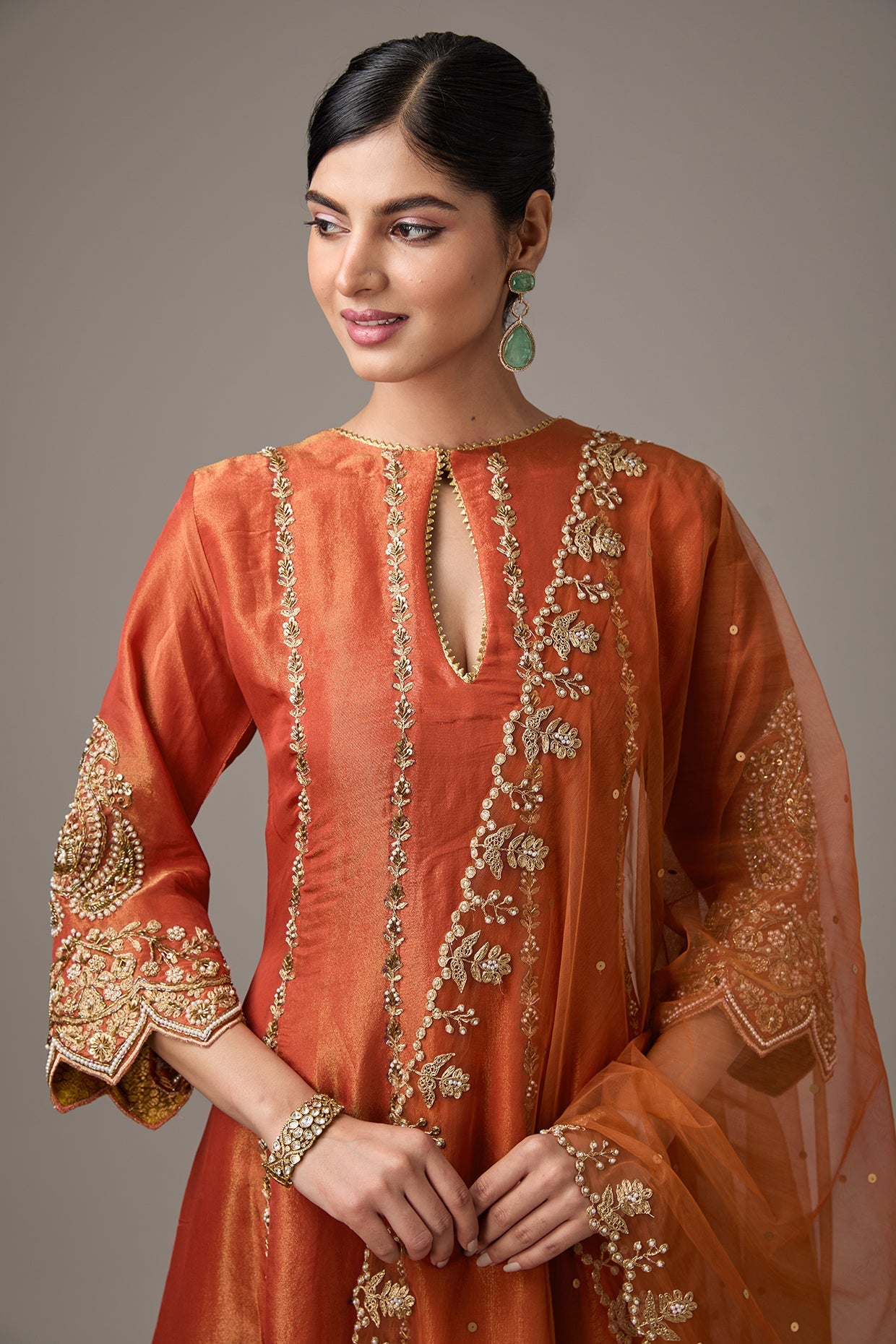 Orange Tissue Dori Hand Embroidered Kurta Set