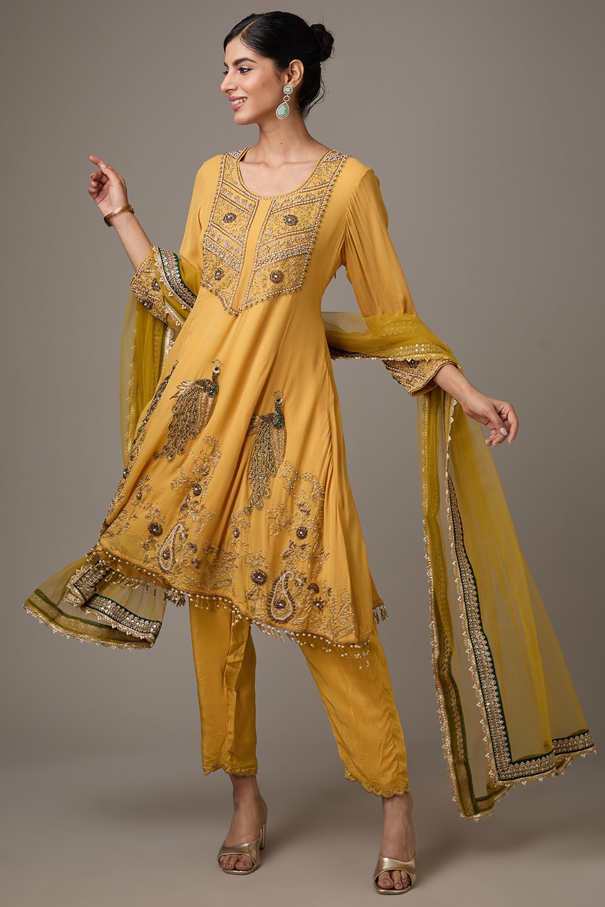 Yellow Georgette Peacock Motif Dori Hand Embroidered Anarkali Set