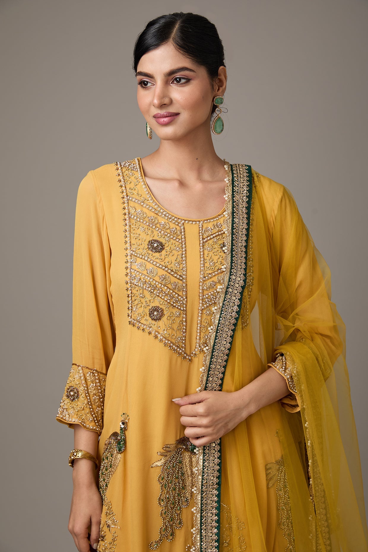 Yellow Georgette Peacock Motif Dori Hand Embroidered Anarkali Set