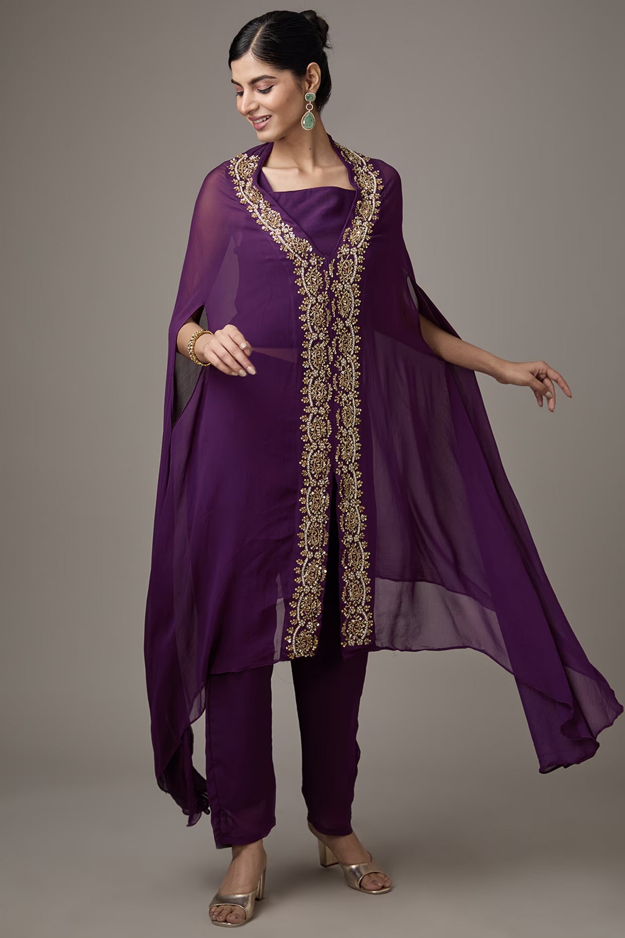 Purple Georgette Hand Embroidered Cape Set