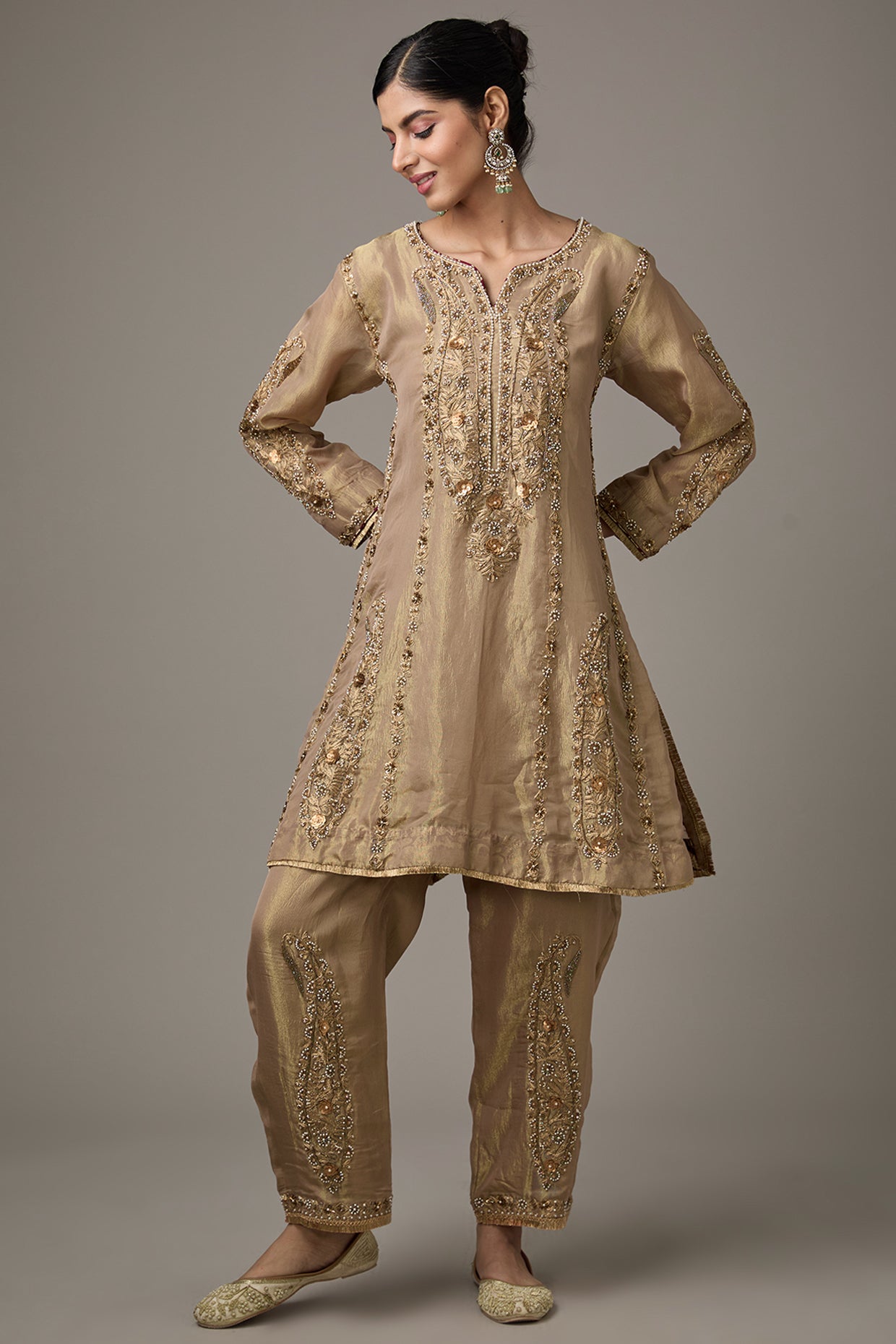 Golden Tissue Dori Hand Embroidered Kurta Set