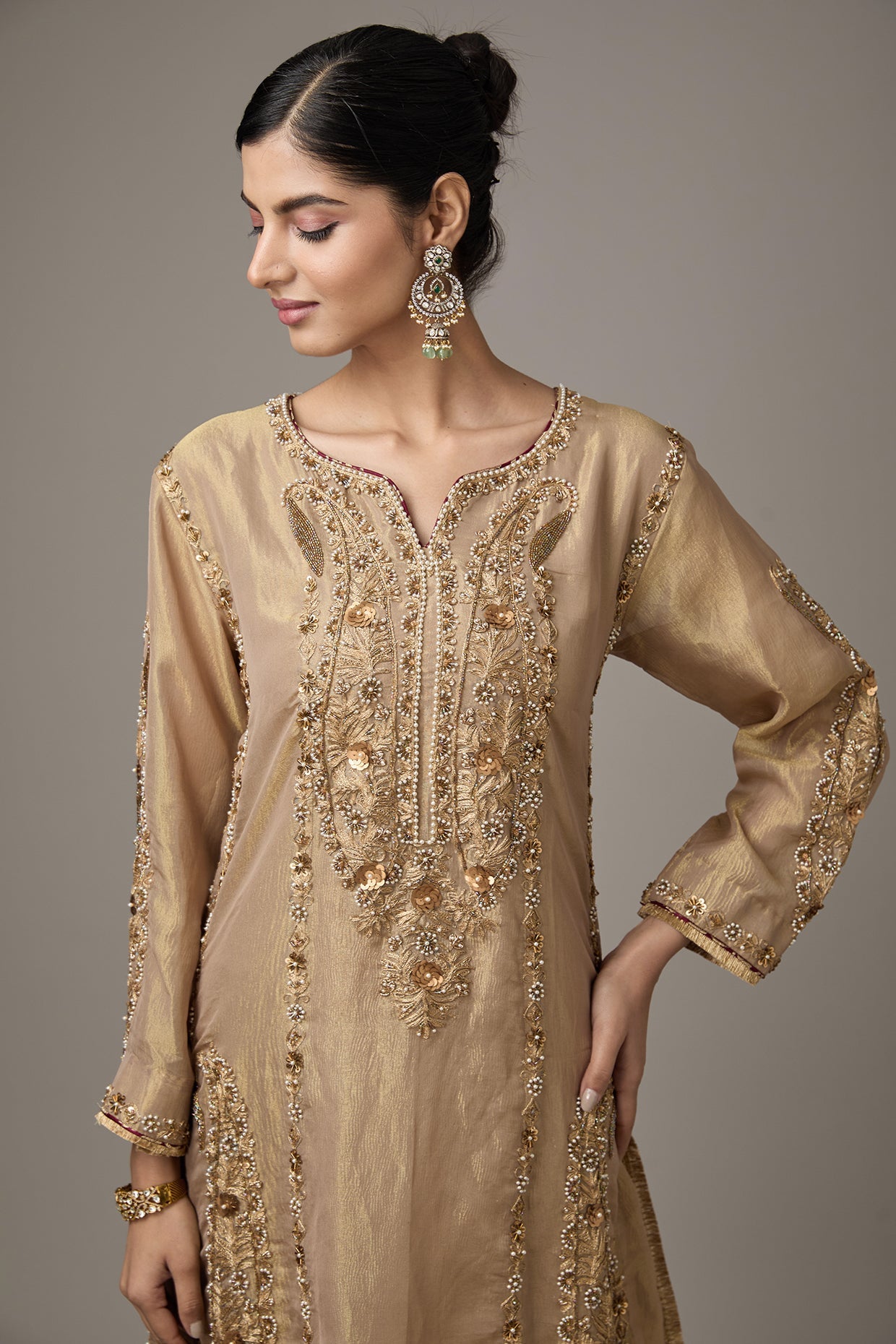 Golden Tissue Dori Hand Embroidered Kurta Set