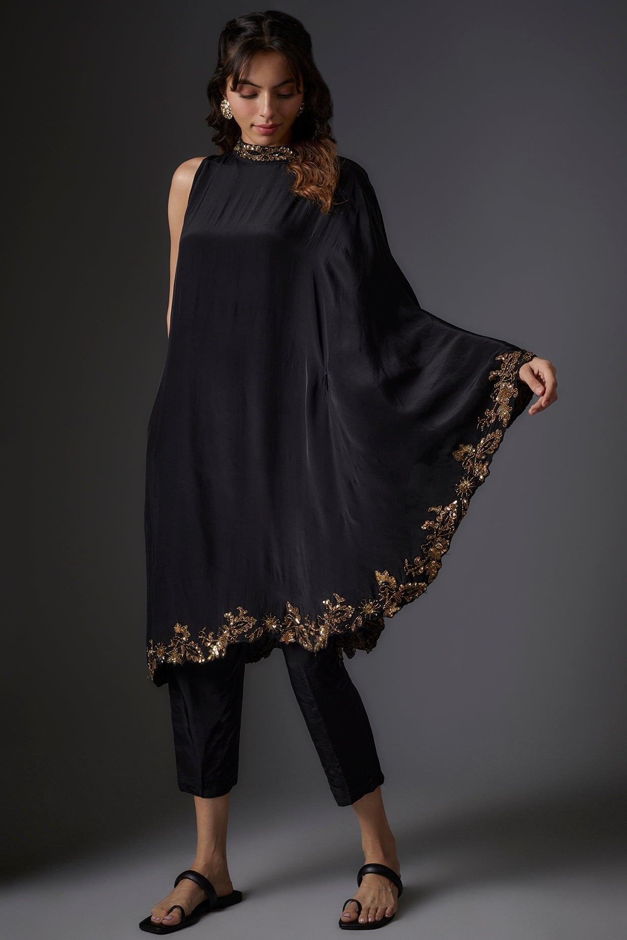 Black Crepe Embroidered Cape Set