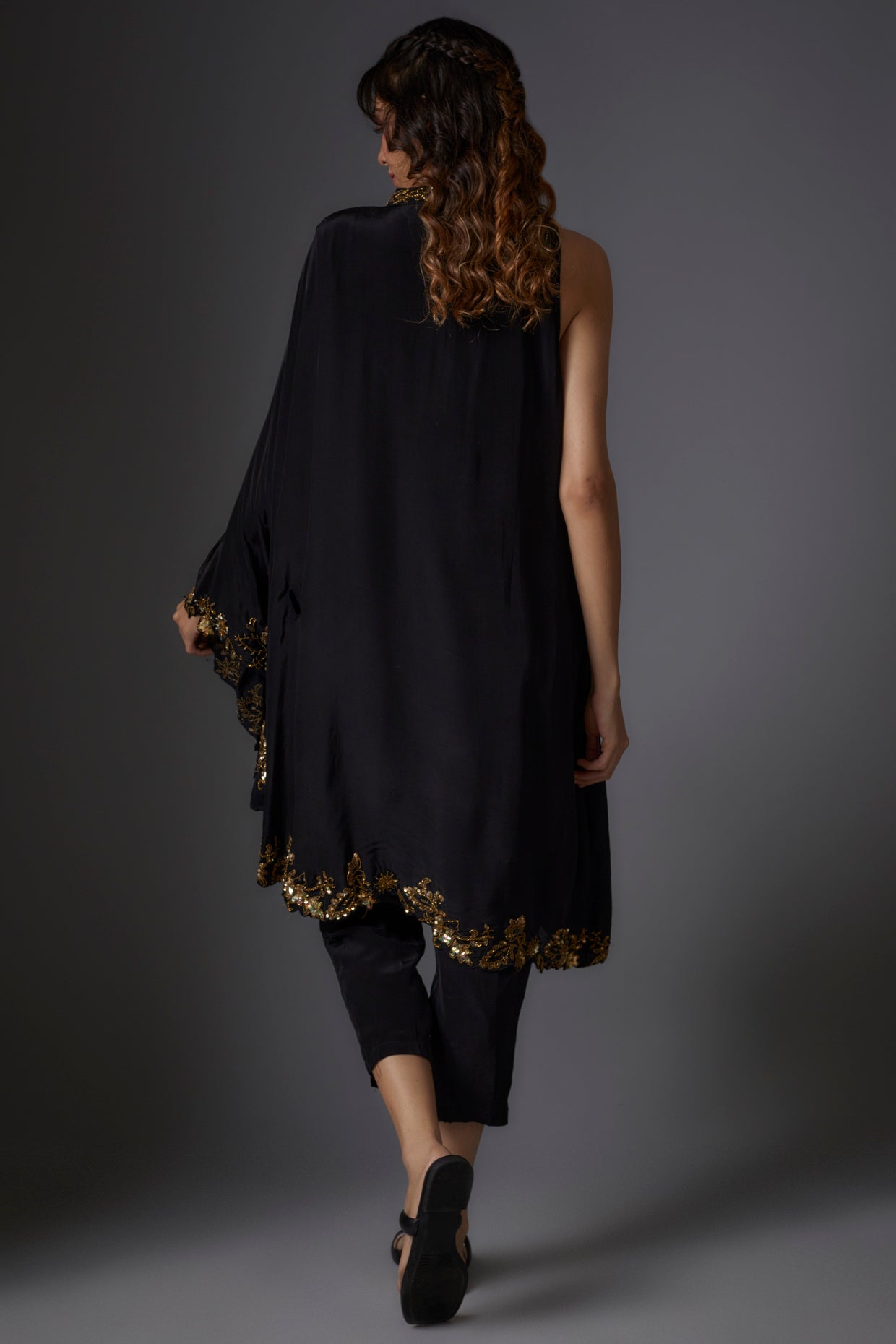 Black Crepe Embroidered Cape Set