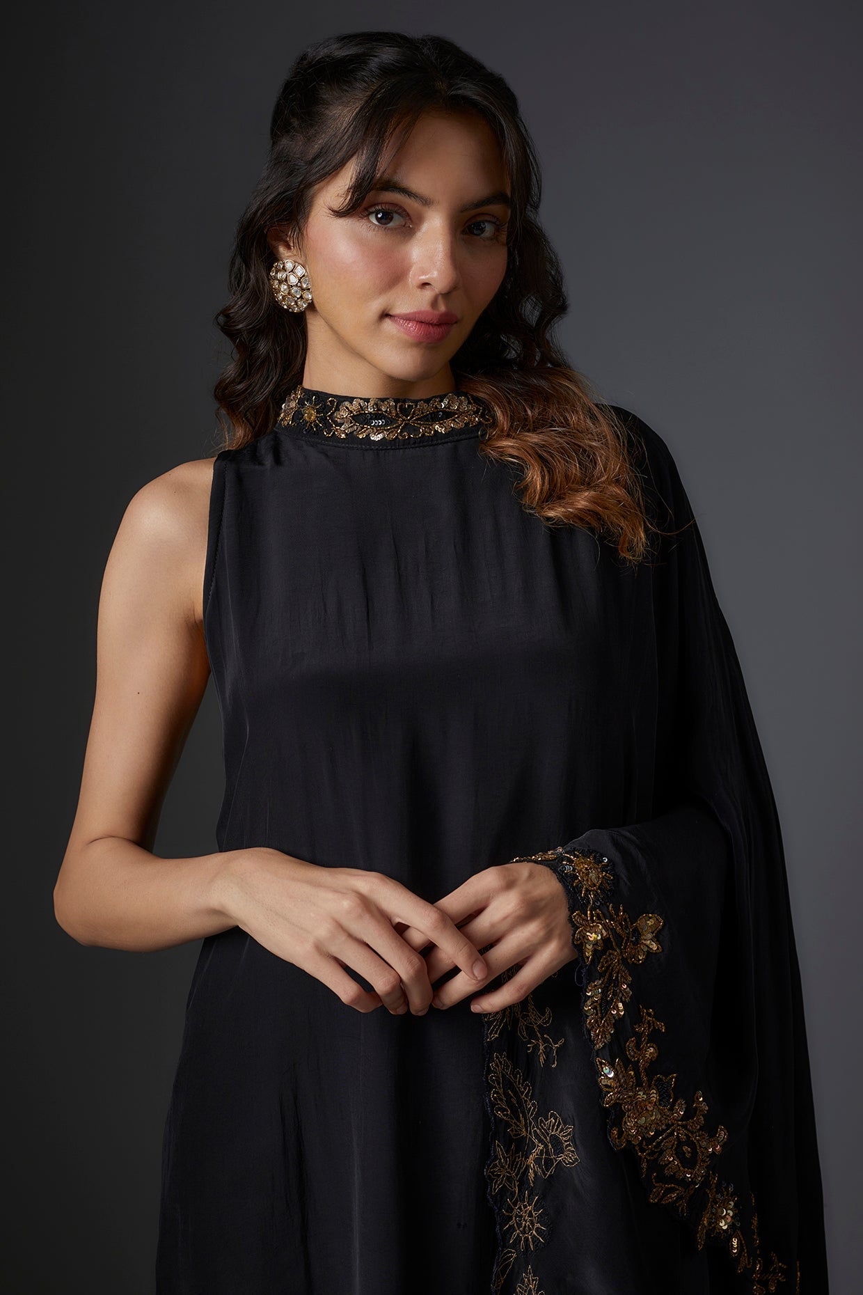 Black Crepe Embroidered Cape Set