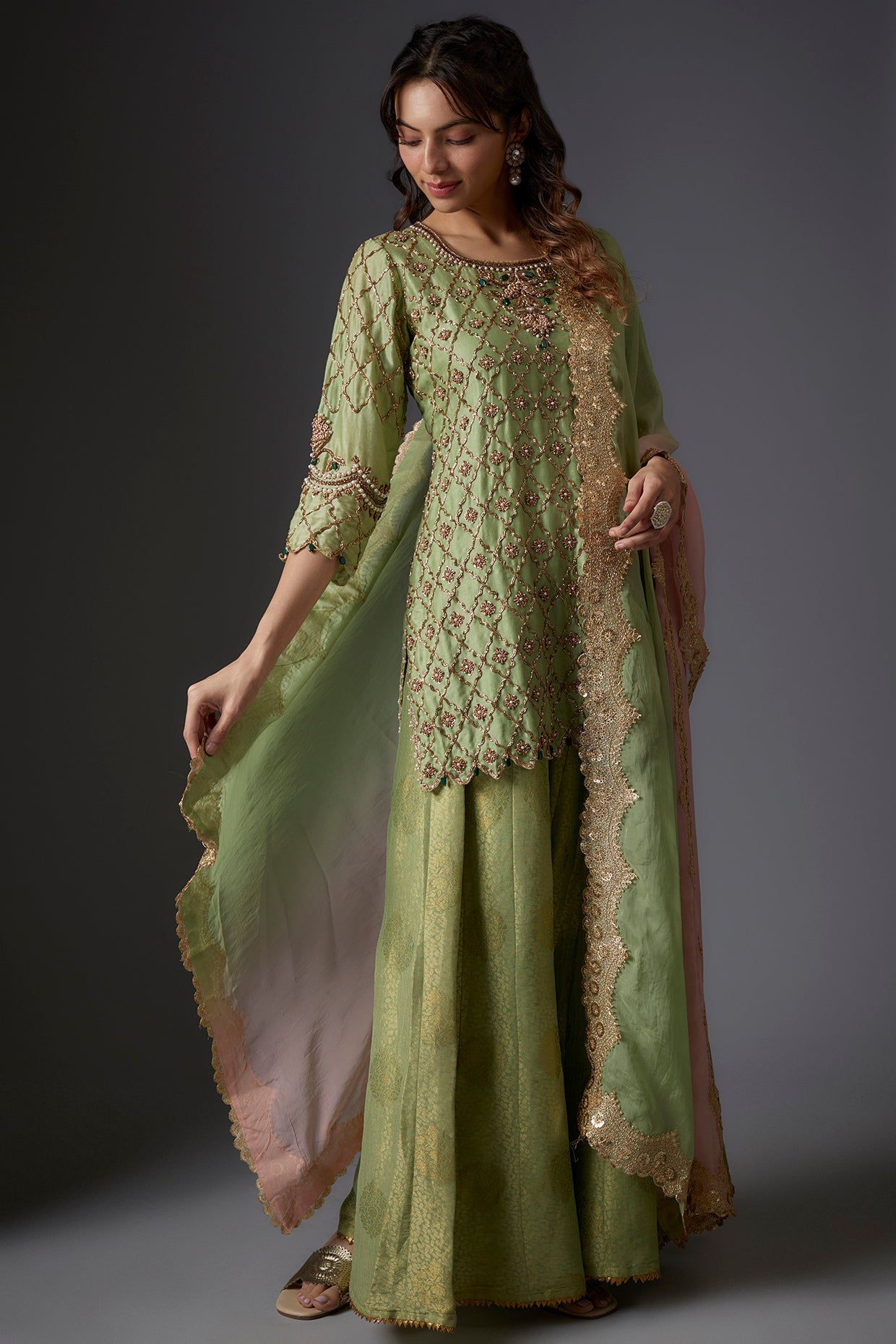 Green Banarasi Sharara Set