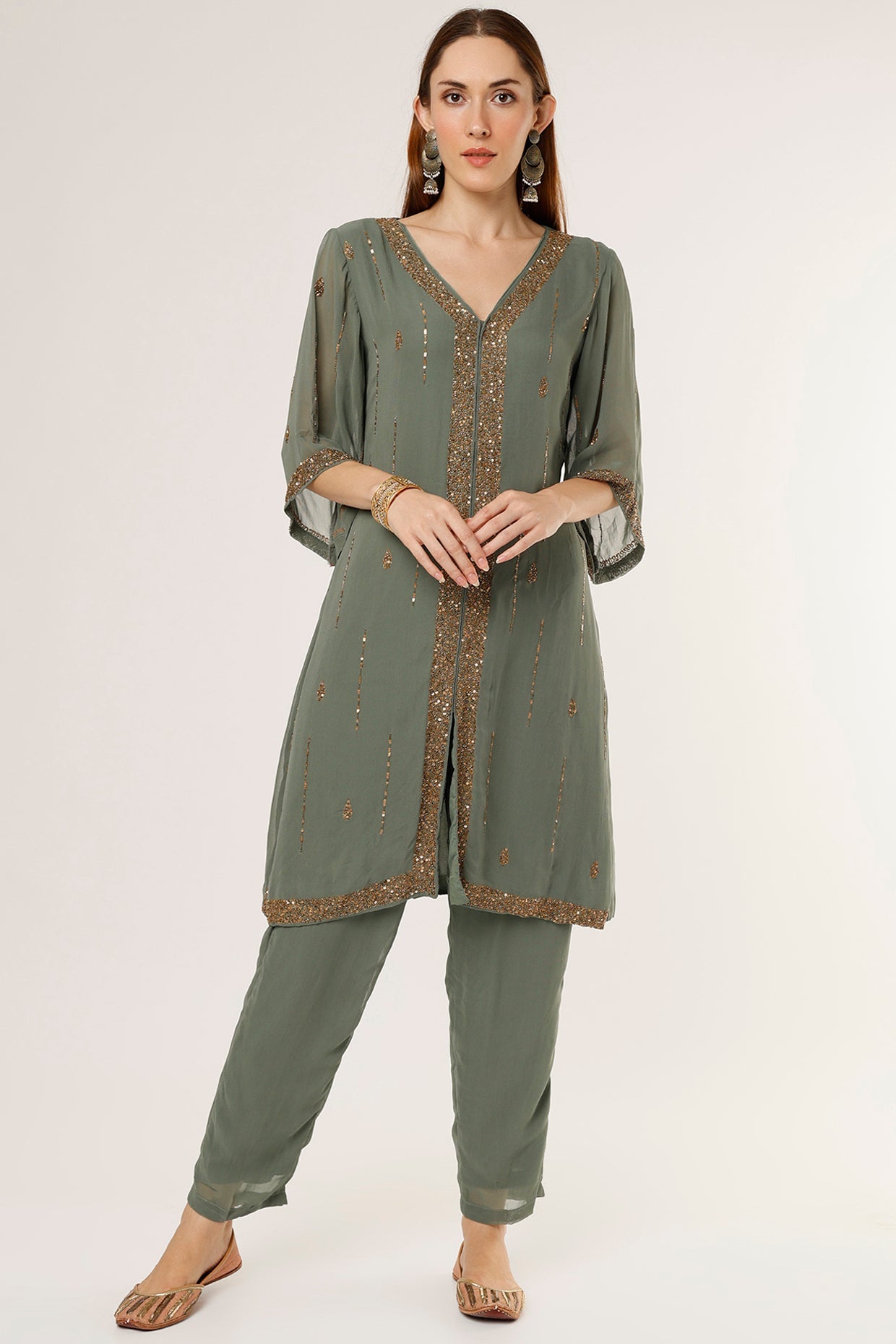 Olive Green Embroidered Kurta Set