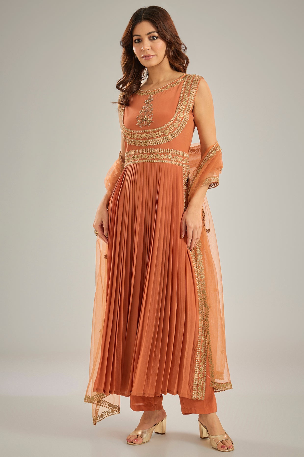 Orange Crepe Dori Hand Embroidered Pleated Anarkali Set