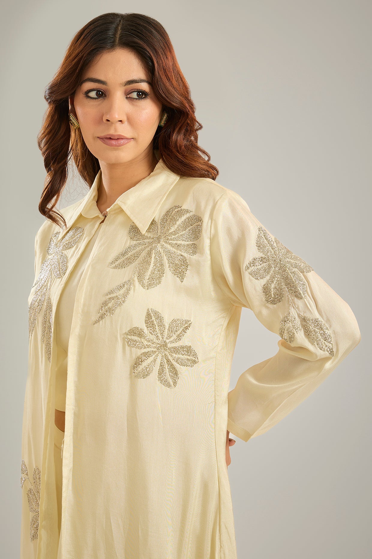 Ivory Silk Crystal Hand Embroidered Jacket Set