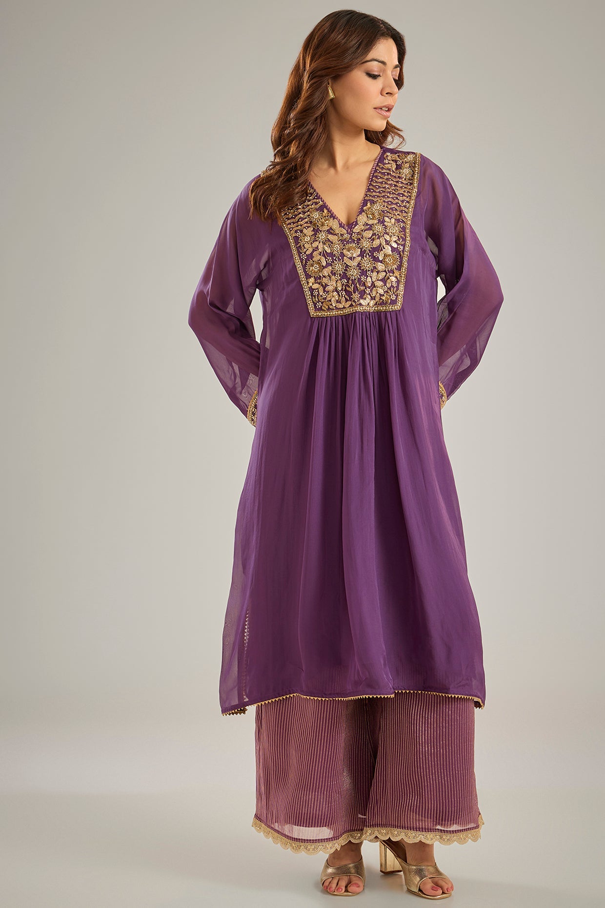 Purple Organza Tissue Nakshi Hand Embroidered Kurta Set