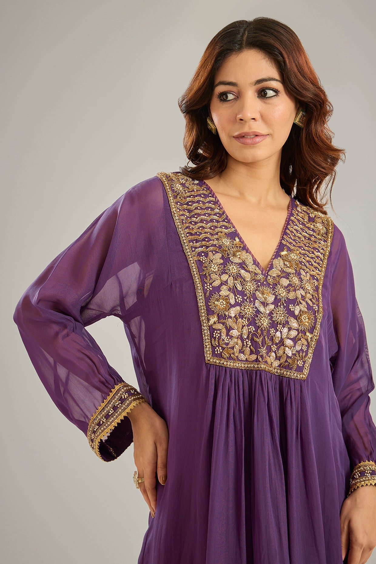 Purple Organza Tissue Nakshi Hand Embroidered Kurta Set