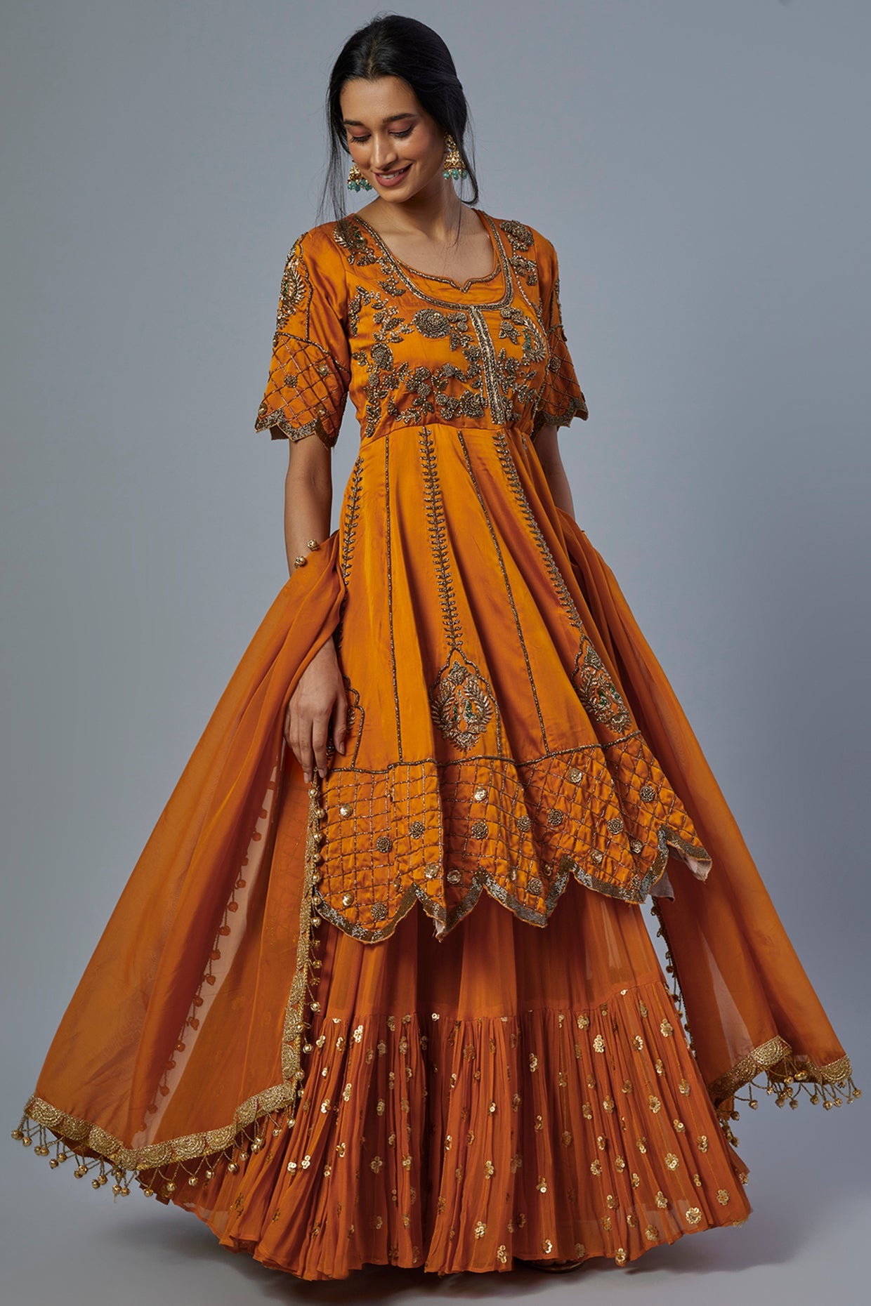 Orange Satin Silk Anarkali Set