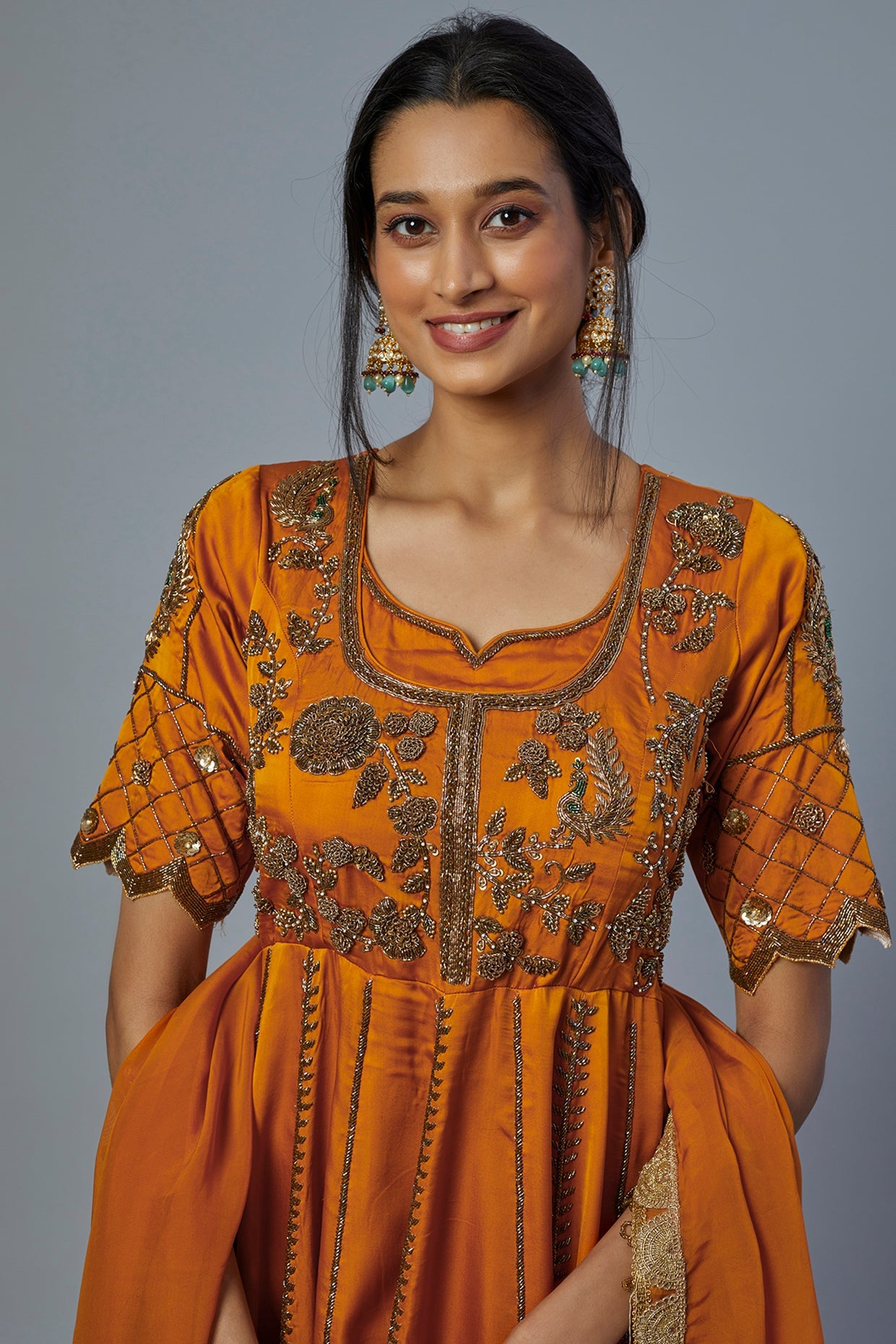 Orange Satin Silk Anarkali Set