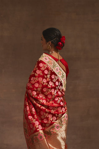 'Akash Kusum' Surkh Gyasar Benarasi Handloom Sari