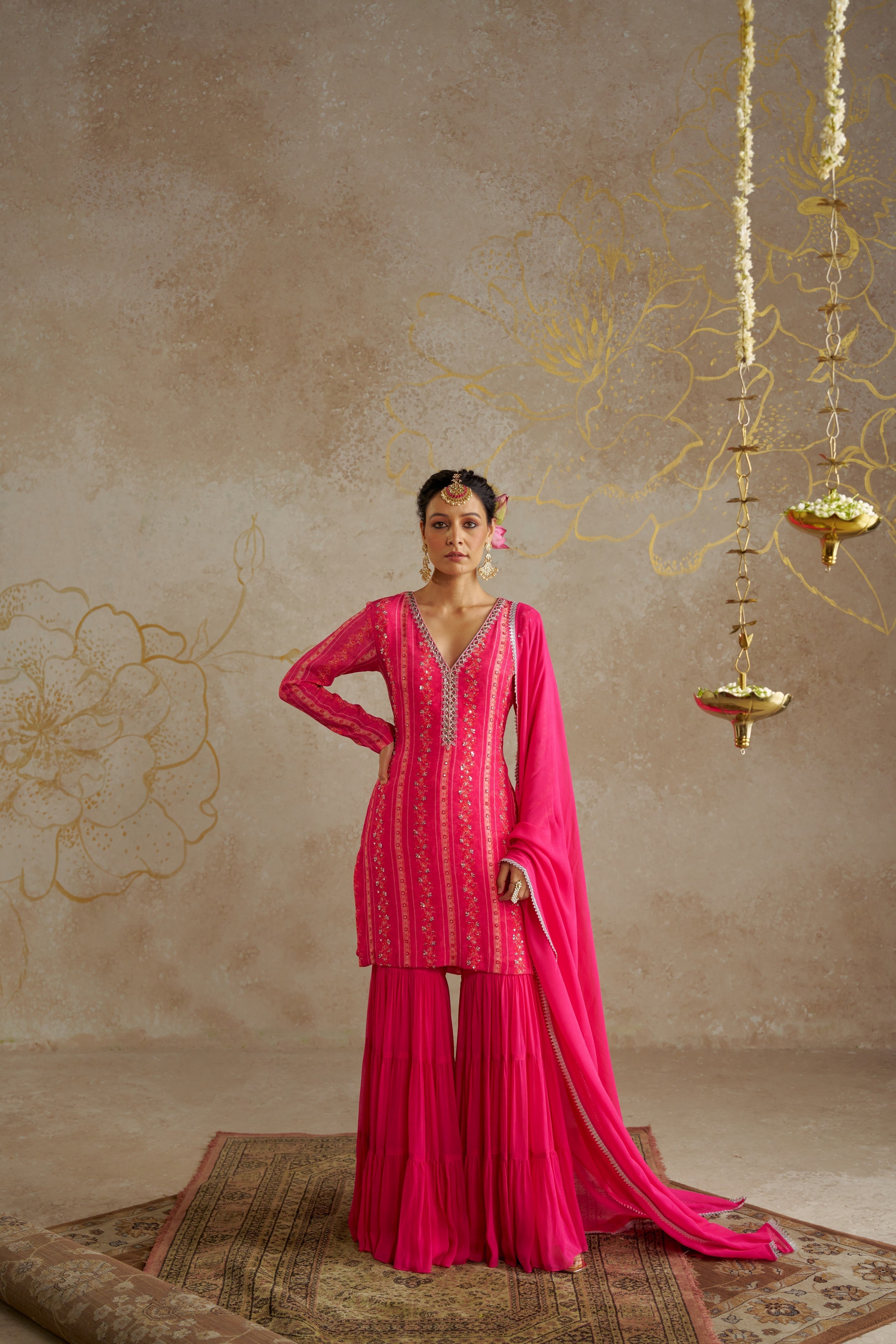 Pink Vine Tiered Sharara Set