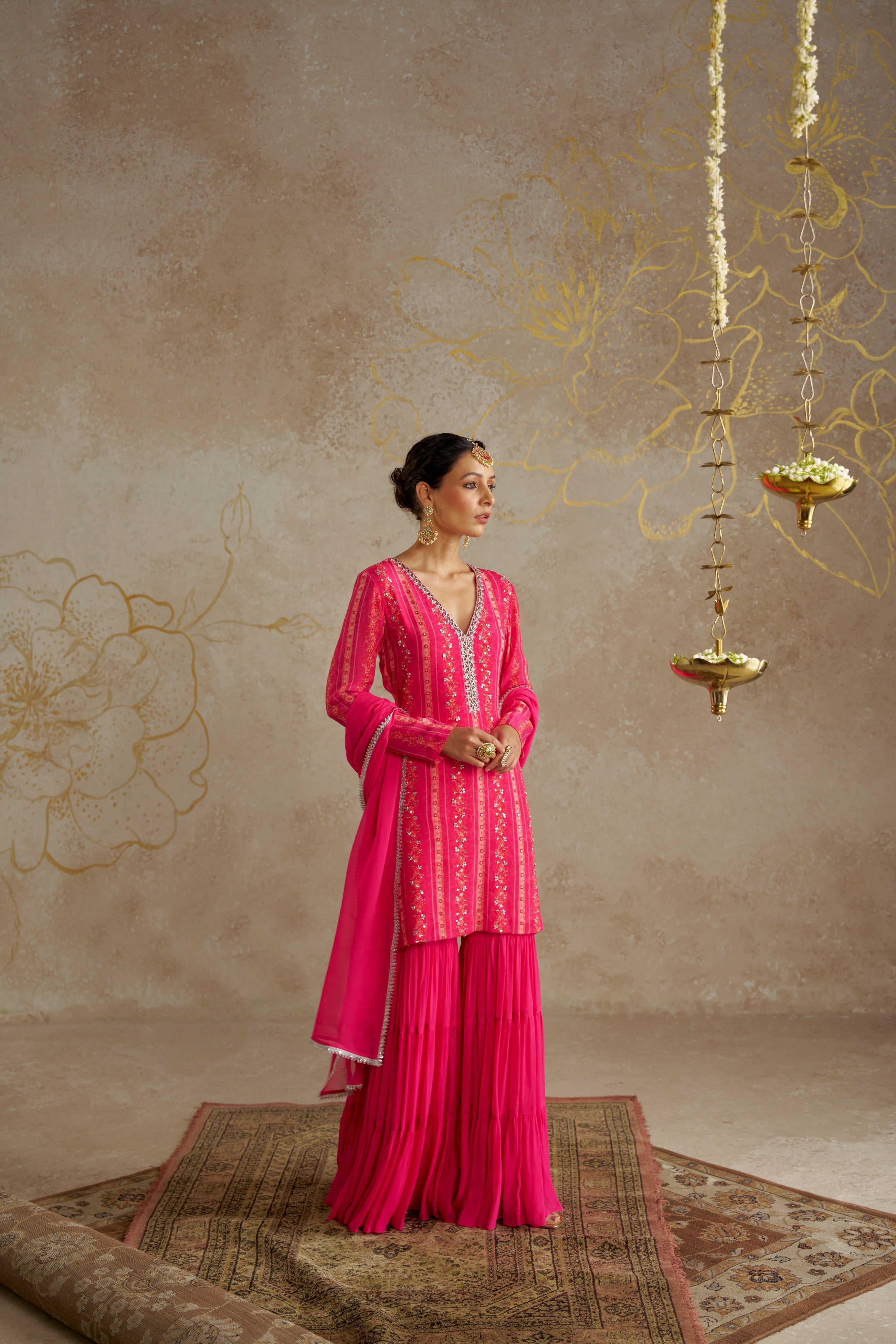 Pink Vine Tiered Sharara Set