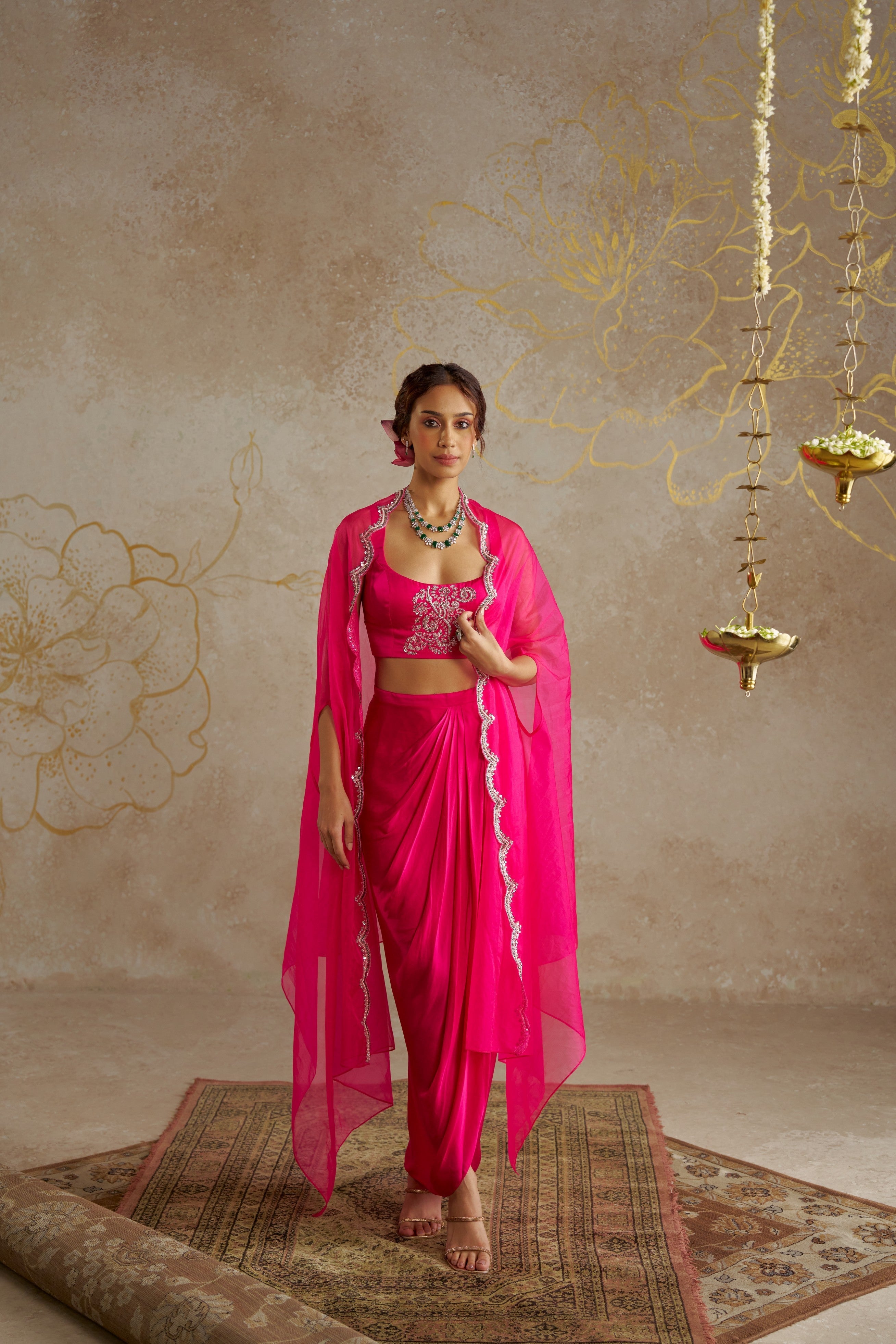 Hot Pink Draped Skirt with Bustier and Cape