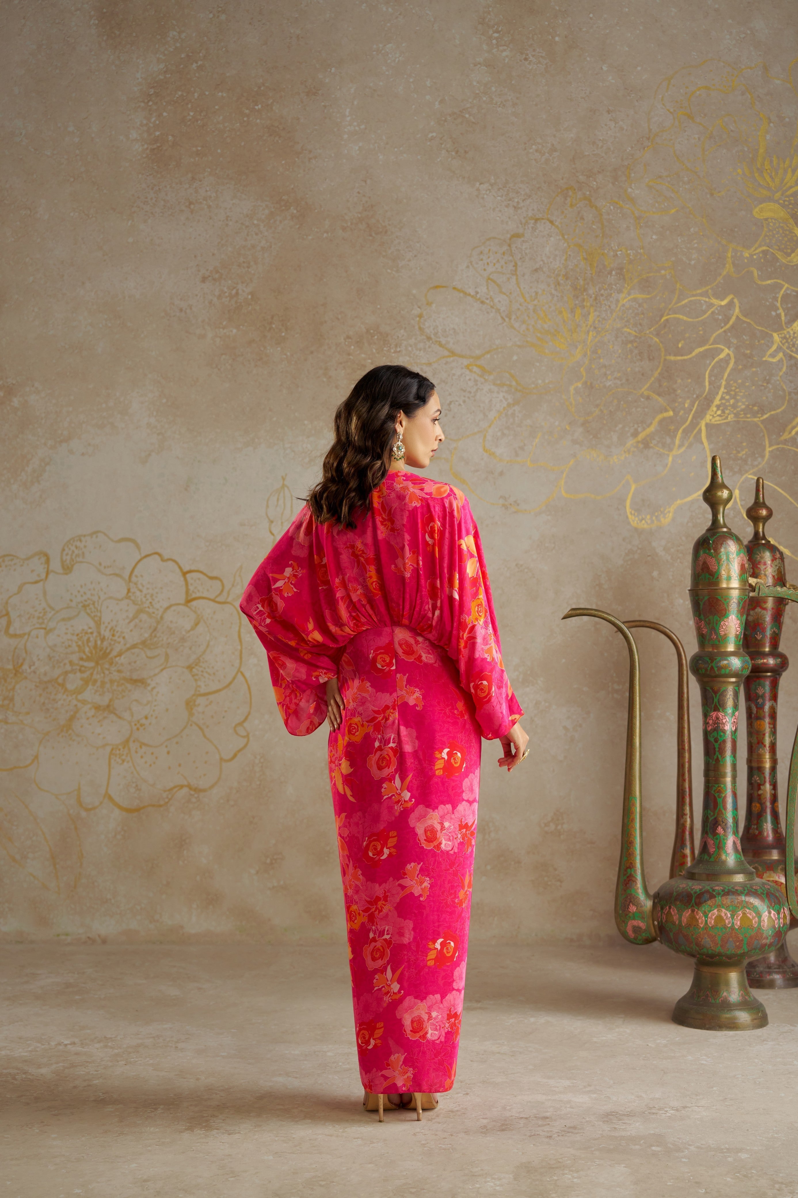 Pink Rose Draped Kaftan Dress