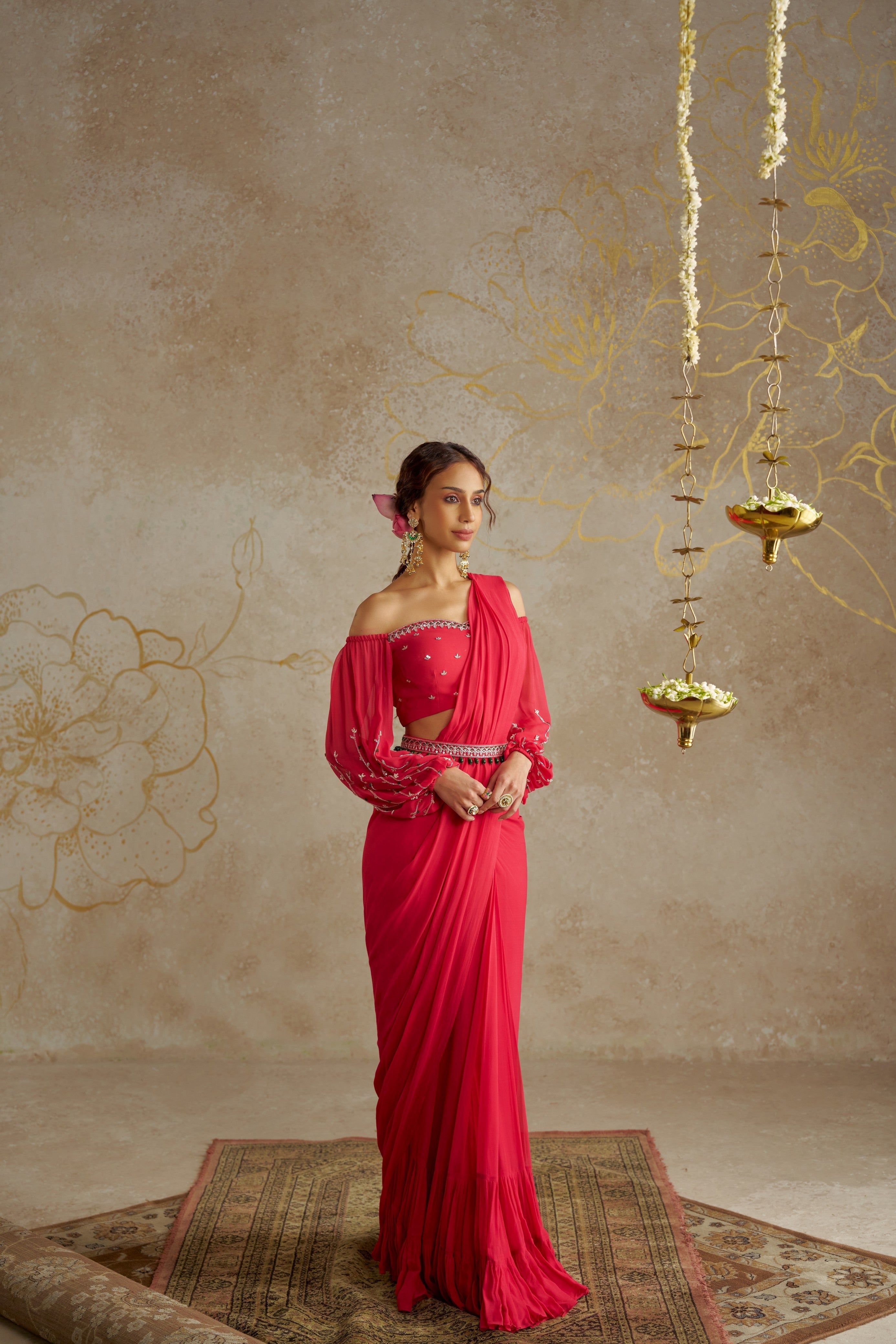 Coral Red Saree with Off-Shoulder Blouse