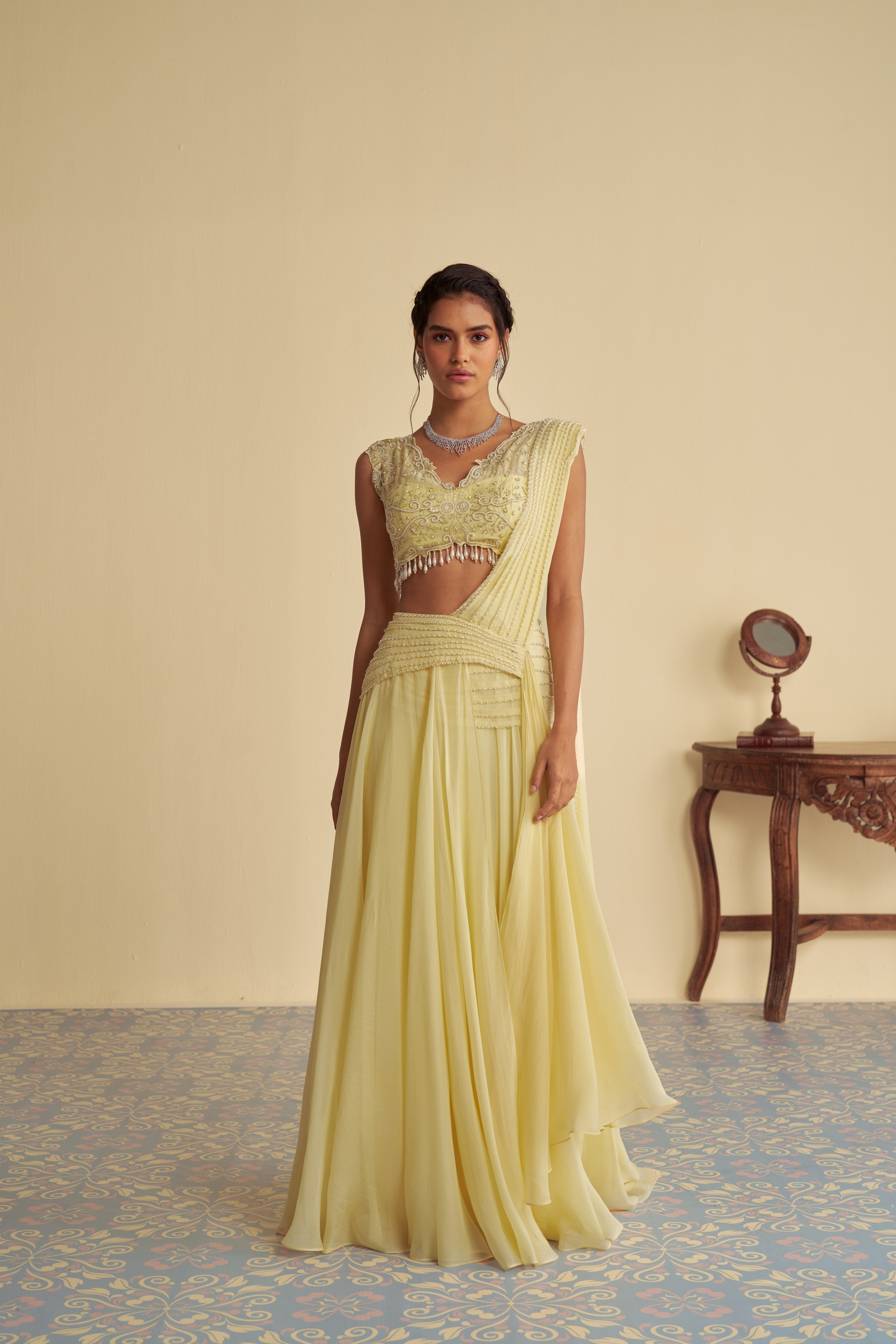 Dandelion mist drape saree set