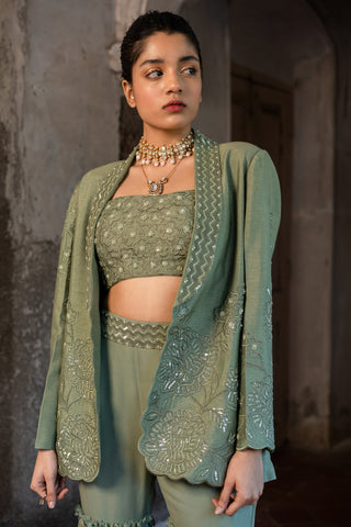 A embroidered blazer set with bustier and sharara pants