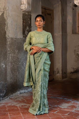 A pista green embroidered saree with high neck blouse