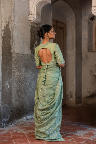 A pista green embroidered saree with high neck blouse