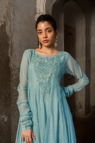 A powder blue anarkali paired with pants