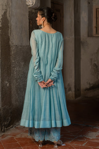 A powder blue anarkali paired with pants