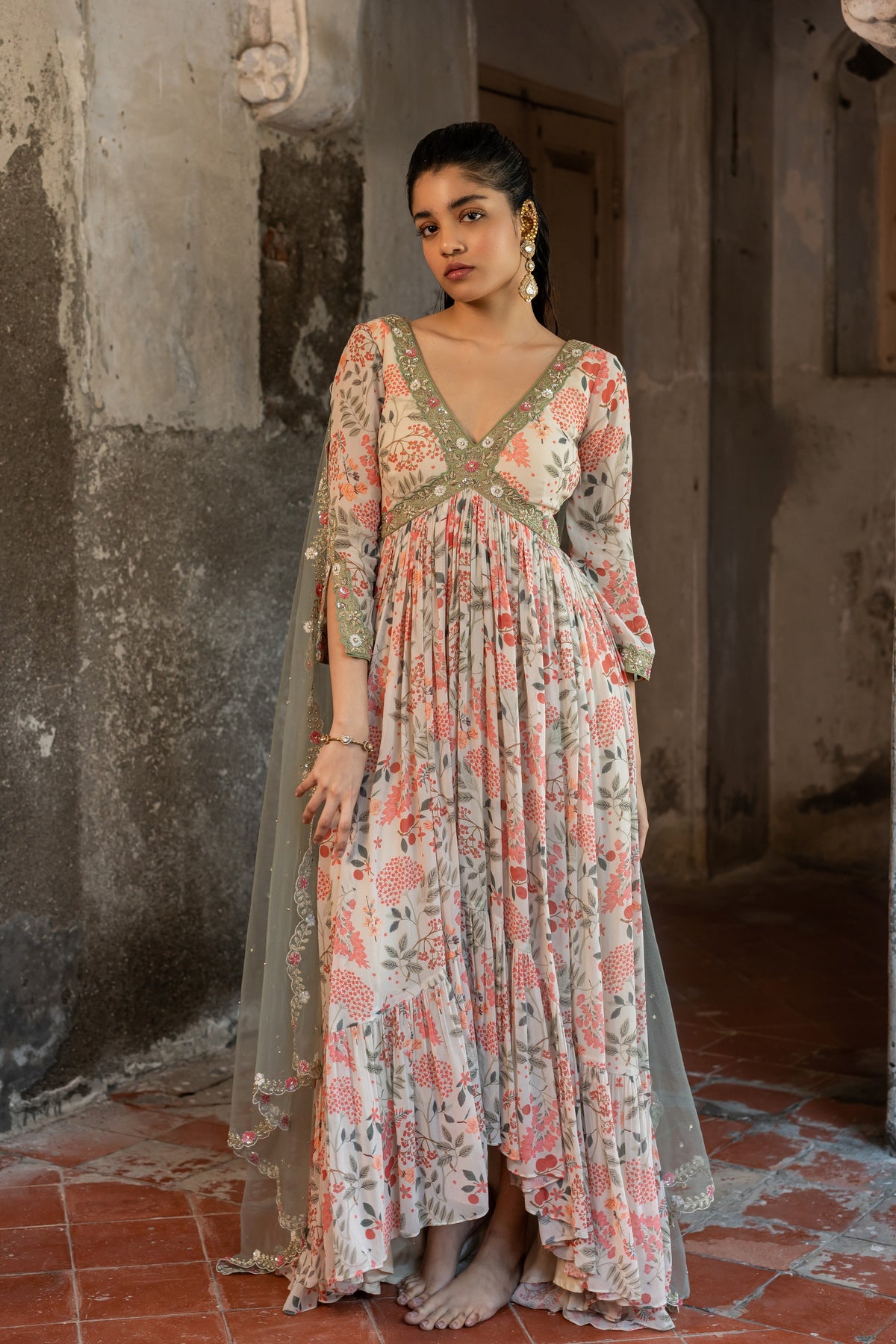 A ivory printed hand embroidered anarkali with duptta