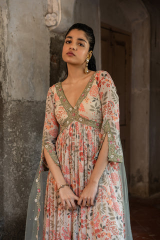 A ivory printed hand embroidered anarkali with duptta